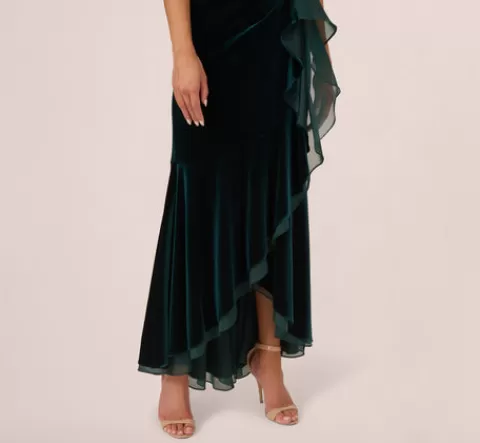 Adrianna Papell Off The Shoulder Velvet Mermaid Gown With Organza Ruffle In HUNTER Clearance