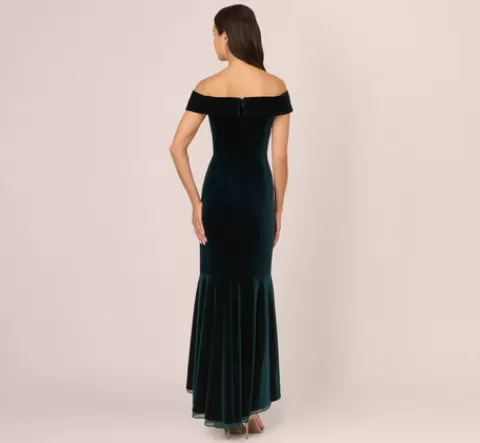 Adrianna Papell Off The Shoulder Velvet Mermaid Gown With Organza Ruffle In HUNTER Clearance