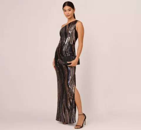 Adrianna Papell One Shoulder Abstract Sequin Gown In Black Multi BLACKMULTI Cheap