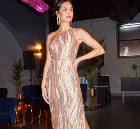Adrianna Papell One Shoulder Abstract Sequin Gown In Champagne Gold Multi CHAMPAGNE-GOLDMULTI Clearance