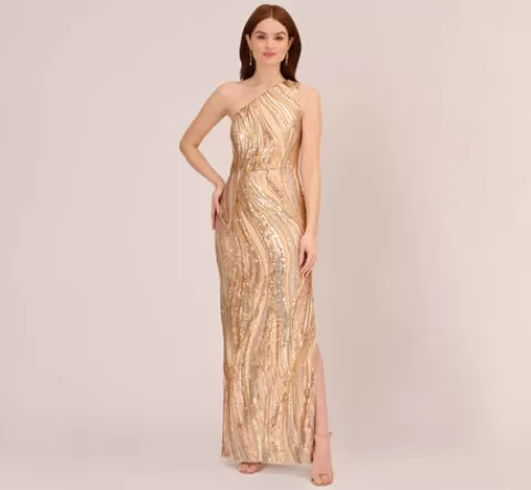 Adrianna Papell One Shoulder Abstract Sequin Gown In Champagne Gold Multi CHAMPAGNE-GOLDMULTI Clearance