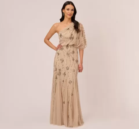 Adrianna Papell One Shoulder Beaded Gown In NUDE Store