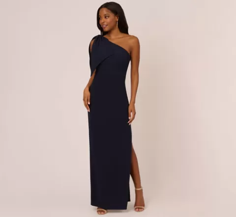 Adrianna Papell One Shoulder Crepe Gown With Bow Accent In MIDNIGHT Best Sale