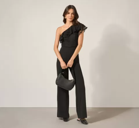 Adrianna Papell One Shoulder Crepe Jumpsuit With Lace Ruffle Details In BLACK Hot