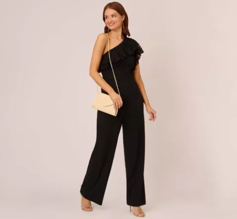 Adrianna Papell One Shoulder Crepe Jumpsuit With Lace Ruffle Details In BLACK Hot