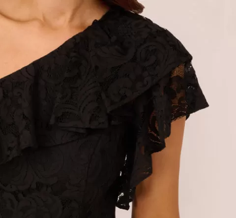 Adrianna Papell One Shoulder Crepe Jumpsuit With Lace Ruffle Details In BLACK Hot