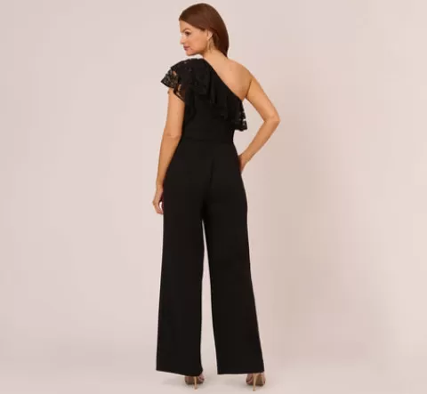 Adrianna Papell One Shoulder Crepe Jumpsuit With Lace Ruffle Details In BLACK Hot