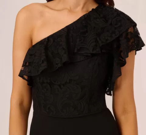 Adrianna Papell One Shoulder Crepe Jumpsuit With Lace Ruffle Details In BLACK Hot