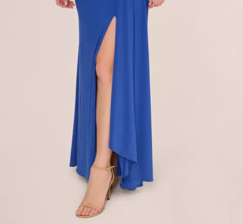 Adrianna Papell One Shoulder Draped Jersey Gown With Floral Sequin Accents In Brilliant Sapphire BRILLIANTSAPPHIRE Store