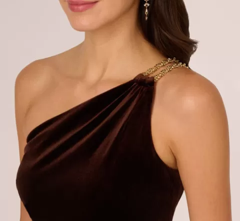 Adrianna Papell One Shoulder Draped Velvet Gown With Chain Accent In Dark Brown DARKBROWN Sale