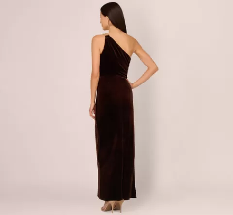 Adrianna Papell One Shoulder Draped Velvet Gown With Chain Accent In Dark Brown DARKBROWN Sale
