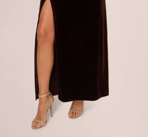 Adrianna Papell One Shoulder Draped Velvet Gown With Chain Accent In Dark Brown DARKBROWN Sale