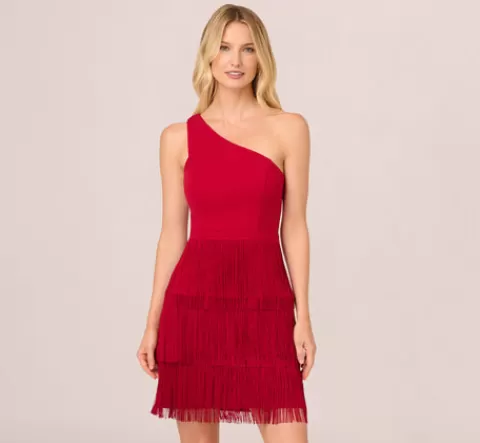 Adrianna Papell One Shoulder Fringe Mini Dress In Matador Red MATADORRED Online