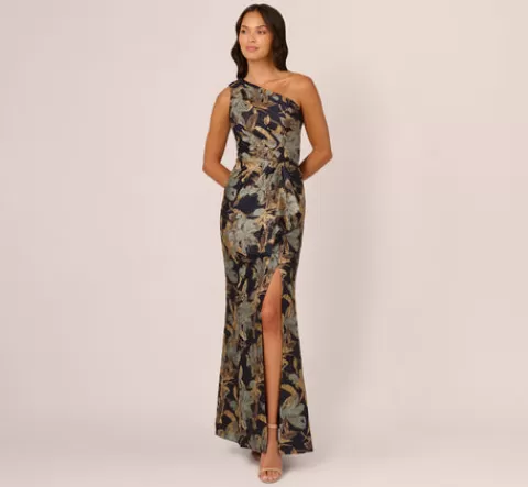 Adrianna Papell One Shoulder Jacquard Dress In Blue Gold BLUE-GOLD Store