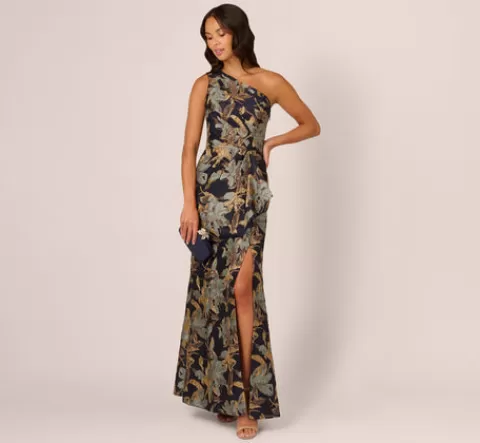 Adrianna Papell One Shoulder Jacquard Dress In Blue Gold BLUE-GOLD Store