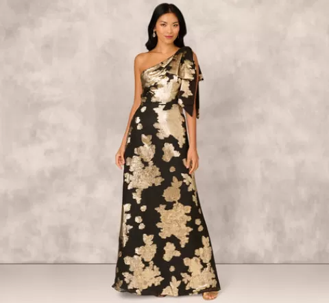Adrianna Papell One Shoulder Jacquard Gown In Black Gold BLACK-GOLD Sale