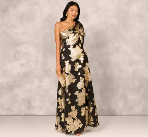 Adrianna Papell One Shoulder Jacquard Gown In Black Gold BLACK-GOLD Sale