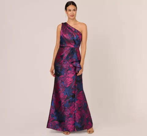 Adrianna Papell One Shoulder Jacquard Mermaid Gown With Drape Detail In Navy Orchid NAVY-ORCHID Shop