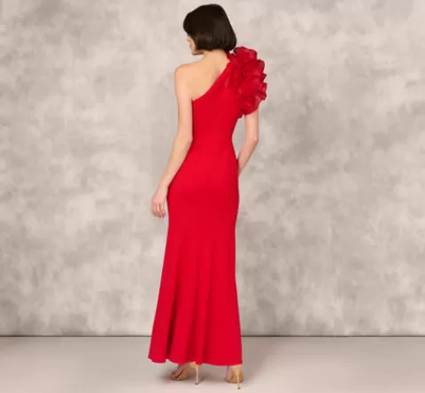 Adrianna Papell One Shoulder Mermaid Dress With Organza Sleeve In RED Store