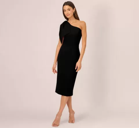 Adrianna Papell One Shoulder Midi Dress With Bow Accent In BLACK Outlet