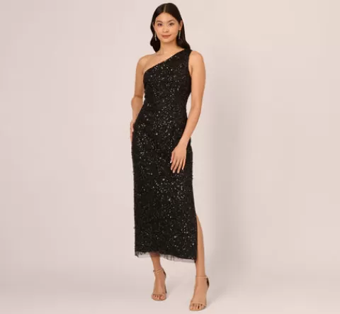 Adrianna Papell One Shoulder Sequin Beaded Ankle Length Dress In BLACK Sale