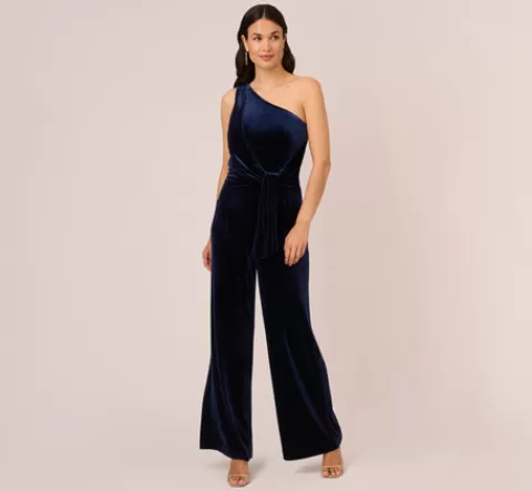 Adrianna Papell One Shoulder Velvet Jumpsuit With Draped Accent In MIDNIGHT Online