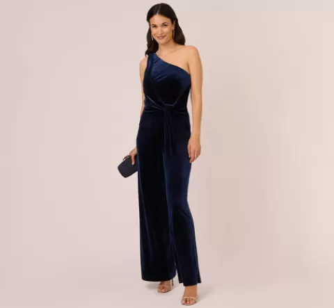 Adrianna Papell One Shoulder Velvet Jumpsuit With Draped Accent In MIDNIGHT Online