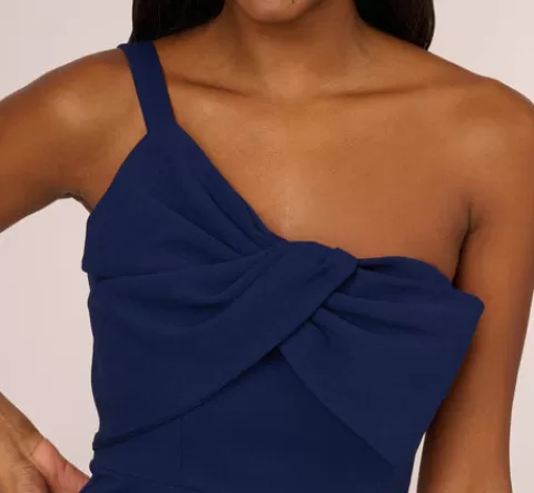 Adrianna Papell One Sleeve Sheath Dress With Bow Neckline In Navy Sateen NAVYSATEEN Fashion