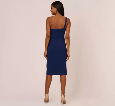 Adrianna Papell One Sleeve Sheath Dress With Bow Neckline In Navy Sateen NAVYSATEEN Fashion