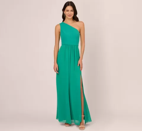 Adrianna Papell One-Shoulder Chiffon Long Gown In Botanic Green BOTANICGREEN Cheap