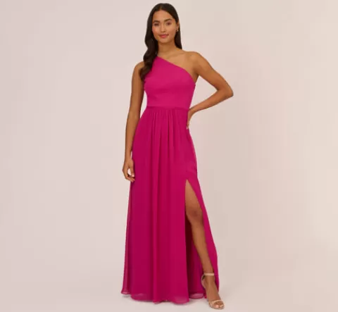 Adrianna Papell One-Shoulder Chiffon Long Gown In Bright Magenta BRIGHTMAGENTA Hot
