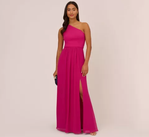 Adrianna Papell One-Shoulder Chiffon Long Gown In Bright Magenta BRIGHTMAGENTA Hot