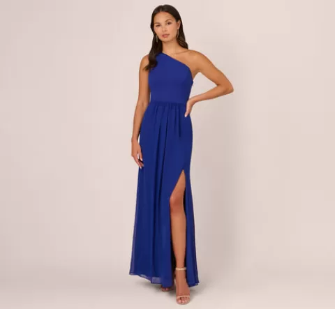 Adrianna Papell One-Shoulder Chiffon Long Gown In Royal Sapphire ROYALSAPPHIRE Clearance