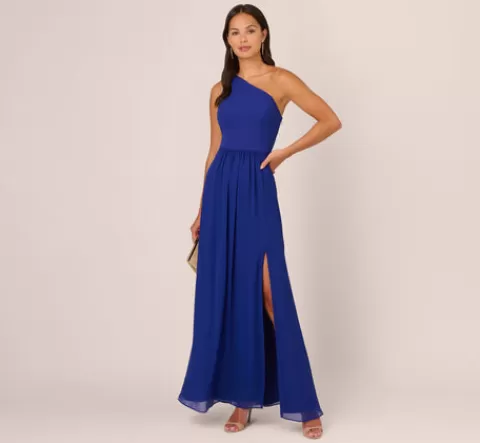 Adrianna Papell One-Shoulder Chiffon Long Gown In Royal Sapphire ROYALSAPPHIRE Clearance