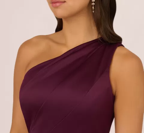 Adrianna Papell One-Shoulder Long Satin Crepe Mermaid Gown In Bordeaux Glow BORDEAUXGLOW New