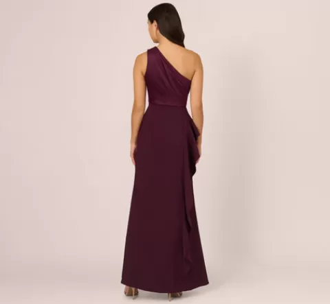 Adrianna Papell One-Shoulder Long Satin Crepe Mermaid Gown In Bordeaux Glow BORDEAUXGLOW New