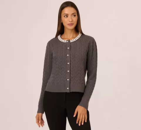 Adrianna Papell Pearl Button Detail Cable Cardigan Sweater In Heather Graphite HEATHERGRAPHITE New