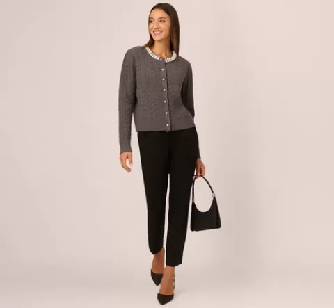 Adrianna Papell Pearl Button Detail Cable Cardigan Sweater In Heather Graphite HEATHERGRAPHITE New