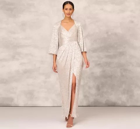 Adrianna Papell Pleated Foiled Long Column Dress With Slit And Flutter Sleeves In Silver Gold SILVER-GOLD Flash Sale