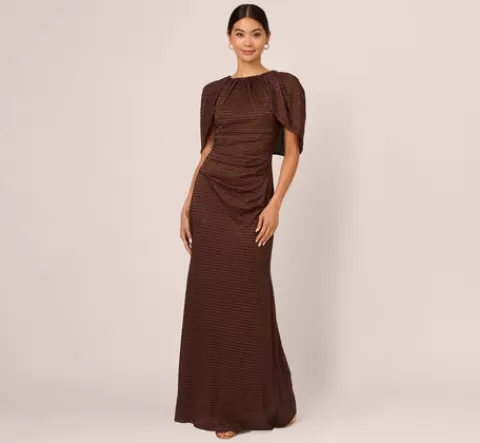 Adrianna Papell Pleated Metallic Cape Gown In BRONZE Flash Sale