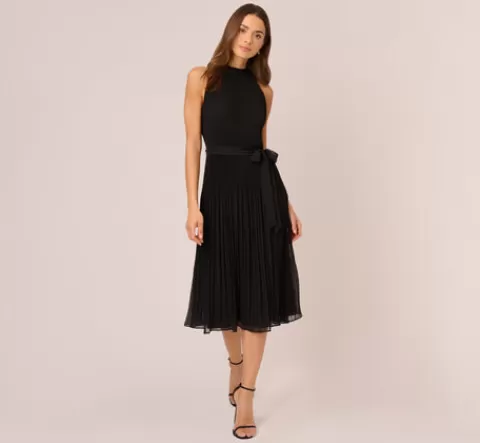 Adrianna Papell Pleated Sleeveless Chiffon Dress With Tie Waist In BLACK Best