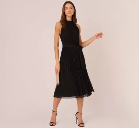 Adrianna Papell Pleated Sleeveless Chiffon Dress With Tie Waist In BLACK Best