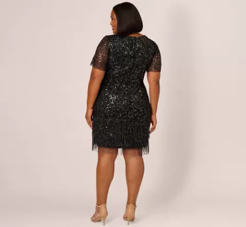 Adrianna Papell Plus Size Beaded Fringe Dress With Sheer Short Sleeves In BLACK Online