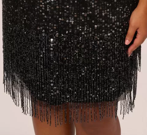 Adrianna Papell Plus Size Beaded Fringe Dress With Sheer Short Sleeves In BLACK Online