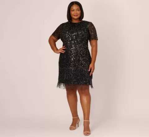Adrianna Papell Plus Size Beaded Fringe Dress With Sheer Short Sleeves In BLACK Online