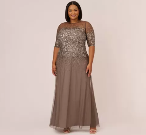 Adrianna Papell Plus Size Beaded Illusion Gown In LEAD Cheap