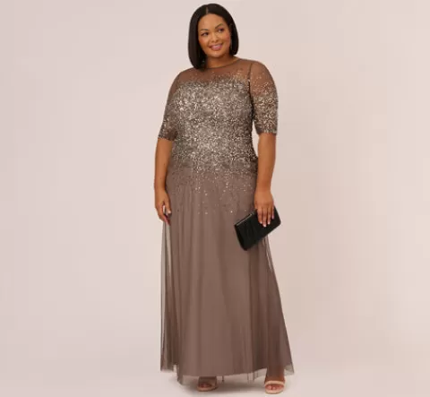 Adrianna Papell Plus Size Beaded Illusion Gown In LEAD Cheap