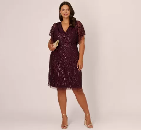 Adrianna Papell Plus Size Beaded Surplice Midi Dress With Dolman Sleeves In Deep Amethyst DEEPAMETHYST Store