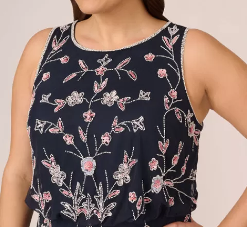 Adrianna Papell Plus Size Floral Beaded Blouson Tea Length Dress In Navy Blush NAVY-BLUSH Clearance