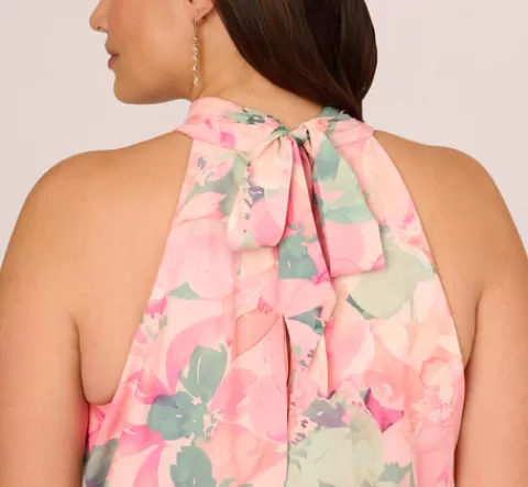 Adrianna Papell Plus Size Floral Print Chiffon Halter Dress With Mock Neck In Blush Multi BLUSHMULTI Best Sale